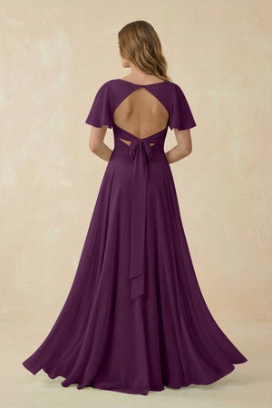 Fig Flutter Sleeve V-Neck Chiffon A-Line Bridesmaid Dress (2) | KISSBRIDAL