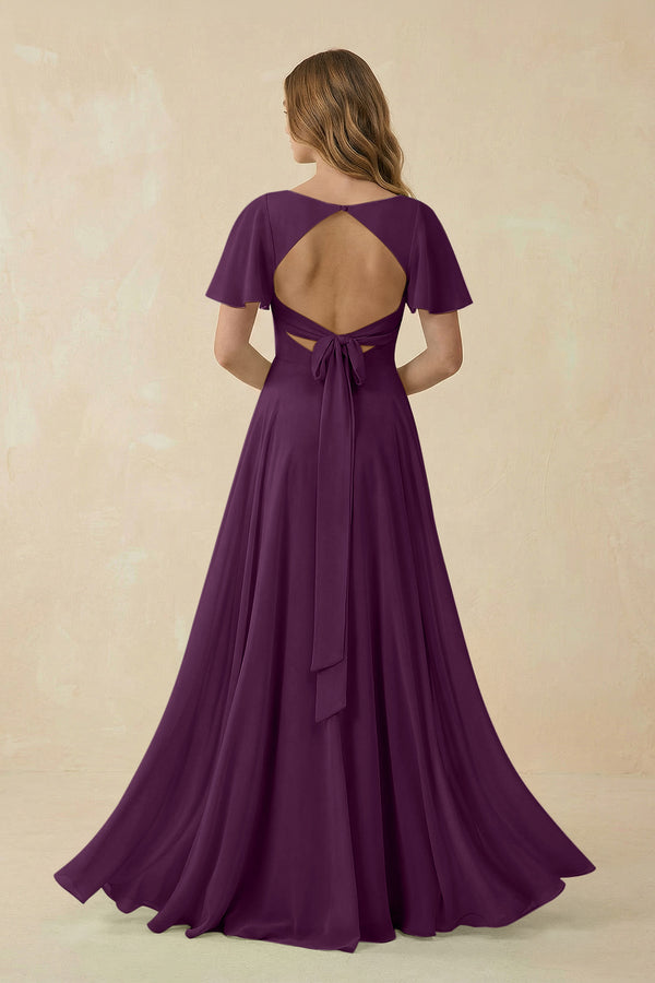 Fig Flutter Sleeve V-Neck Chiffon A-Line Bridesmaid Dress (2) | KISSBRIDAL