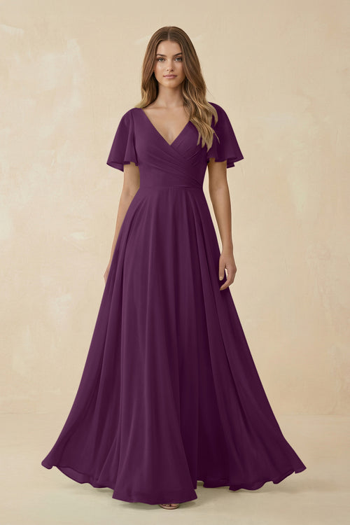 Fig Flutter Sleeve V-Neck Chiffon A-Line Bridesmaid Dress | KISSBRIDAL