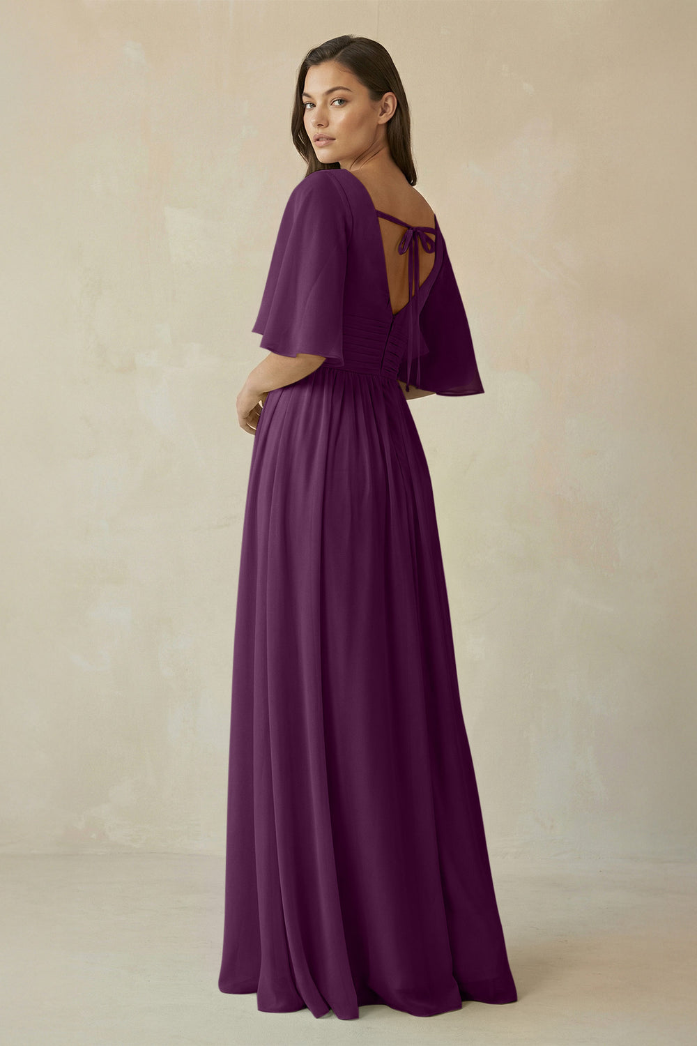 Half Sleeve V-Neck A-Line Chiffon Bridesmaid Gown in Fig