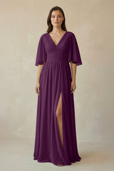 Fig Half Sleeve V-Neck A-Line Chiffon Bridesmaid Gown | KISSBRIDAL