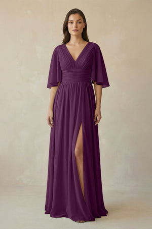 Fig Half Sleeve V-Neck A-Line Chiffon Bridesmaid Gown | KISSBRIDAL