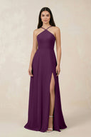 Fig Halter Chiffon A-Line Bridesmaid Dress With Slit | KISSBRIDAL
