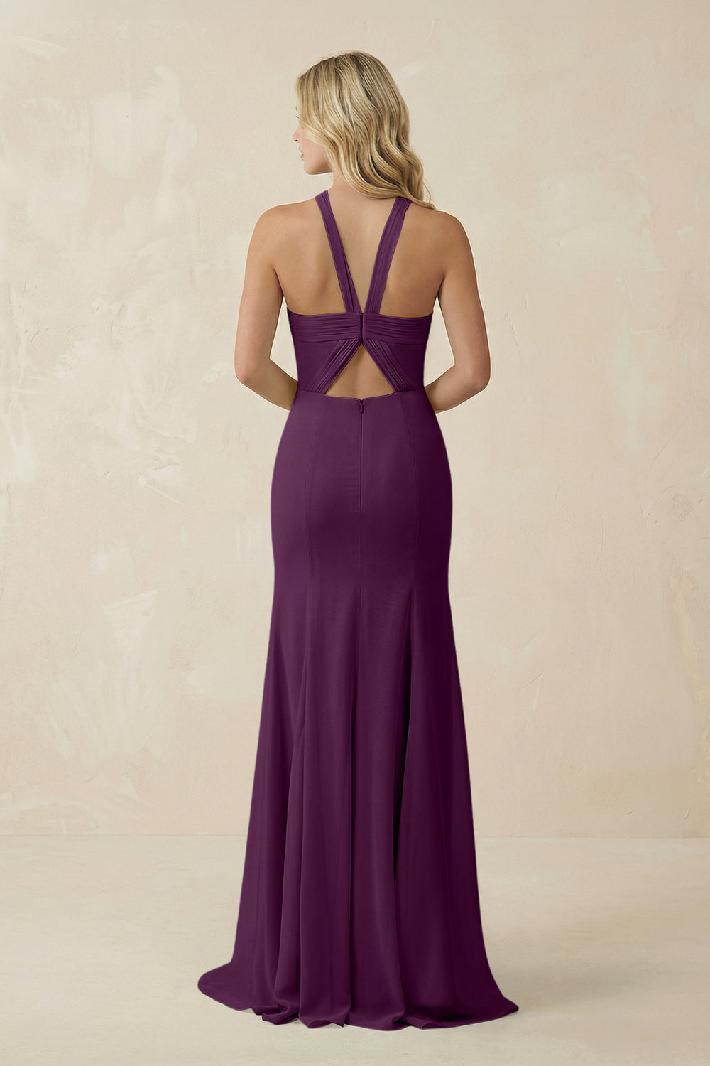 Halter Chiffon Mermaid Ruched Bridesmaid Dress in Fig