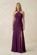 Fig Halter Chiffon Mermaid Ruched Bridesmaid Dress | KISSBRIDAL