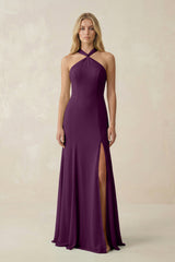 Fig Halter Chiffon Mermaid Ruched Bridesmaid Dress | KISSBRIDAL