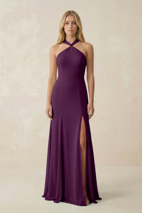 Fig Halter Chiffon Mermaid Ruched Bridesmaid Dress | KISSBRIDAL