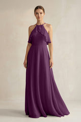 Fig Halter Neck A-Line Chiffon Bridesmaid Dress with Keyhole | KISSBRIDAL