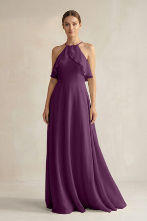 Fig Halter Neck A-Line Chiffon Bridesmaid Dress with Keyhole | KISSBRIDAL