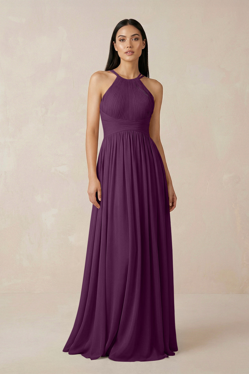 Halter Neck A-Line Chiffon Bridesmaid Dress in Fig