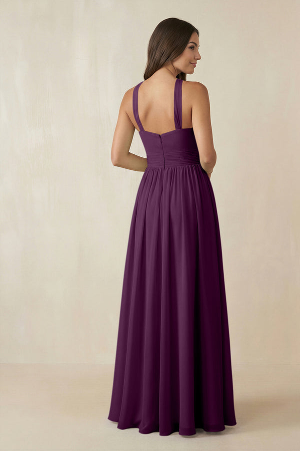Fig Halter Neck Ruched A-Line Chiffon Bridesmaid Dress (2) | KISSBRIDAL
