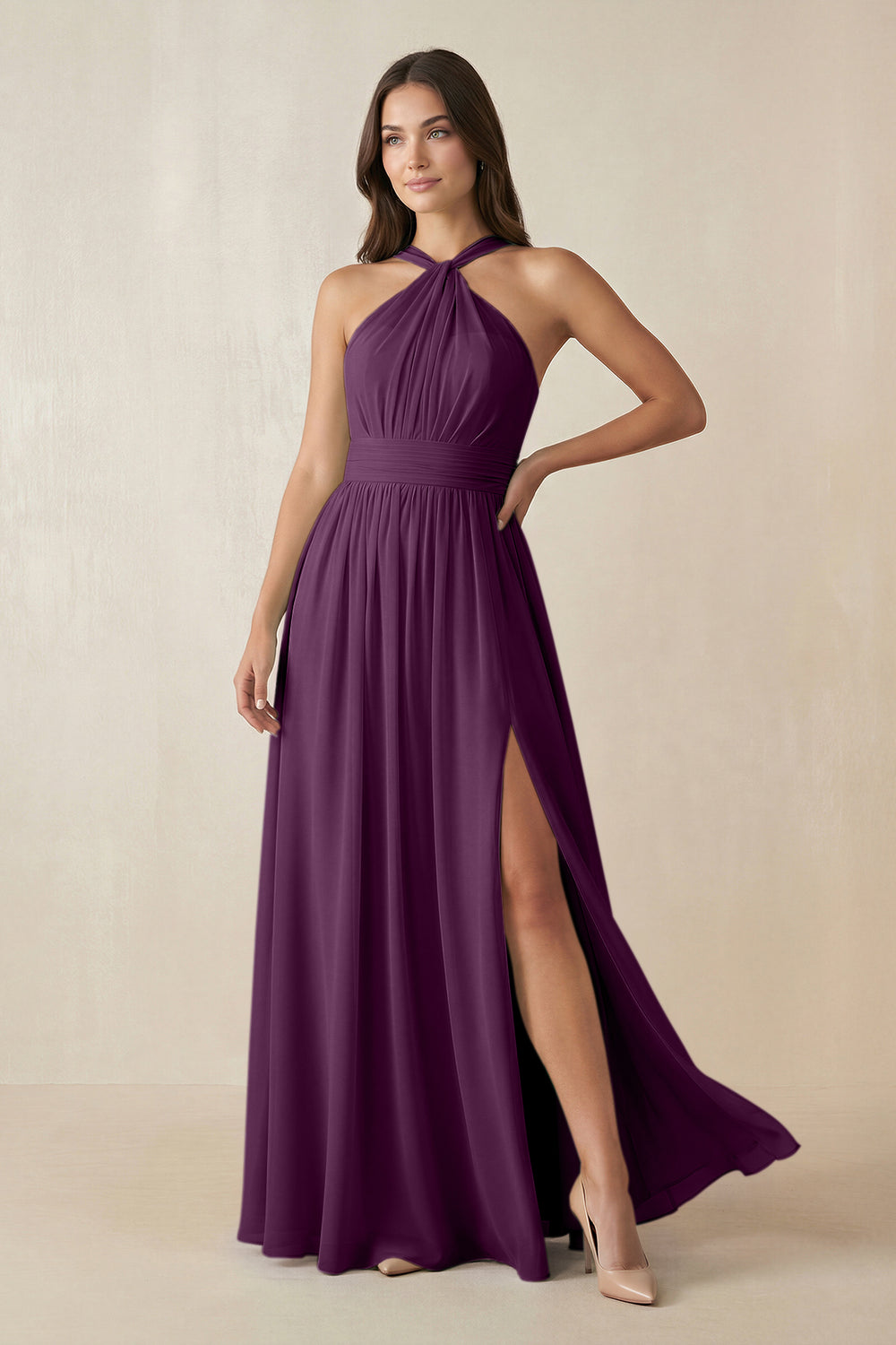 Halter Neck Ruched A-Line Chiffon Bridesmaid Dress in Fig
