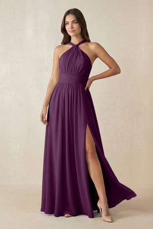 Fig Halter Neck Ruched A-Line Chiffon Bridesmaid Dress | KISSBRIDAL