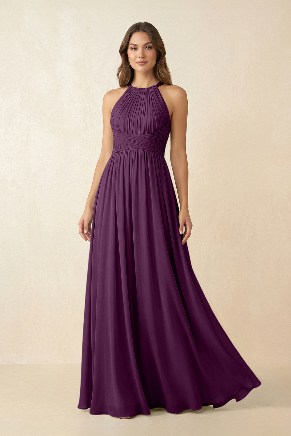 Halter Pleated A-Line Chiffon Bridesmaid Dress in Fig