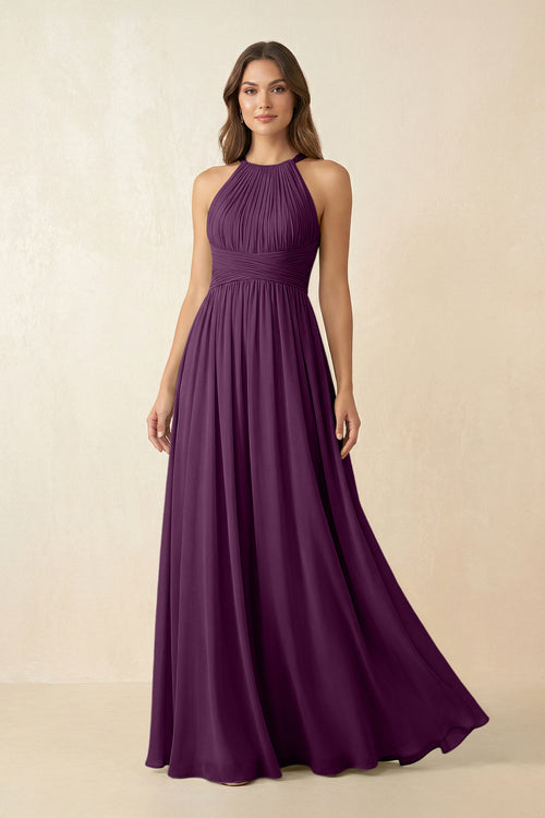 Fig Halter Pleated A-Line Chiffon Bridesmaid Dress | KISSBRIDAL