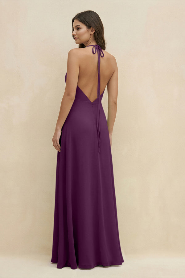Fig Halter Sheath Long Chiffon Bridesmaid Dress (2) | KISSBRIDAL