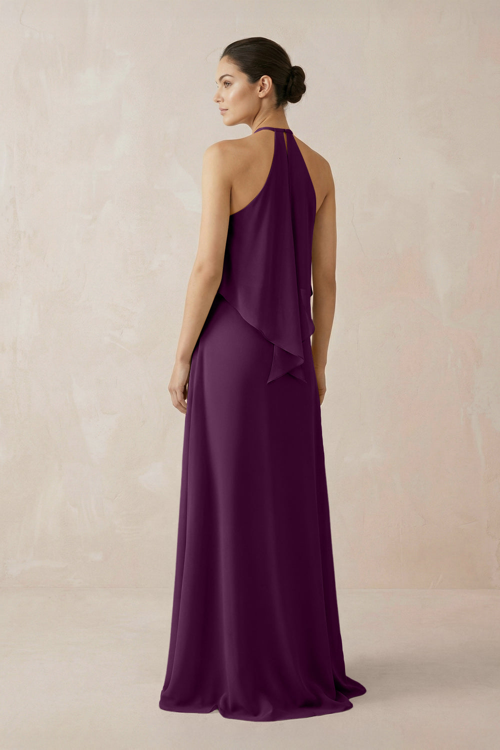 Halter Sheath Ruffled Chiffon Bridesmaid Dress in Fig