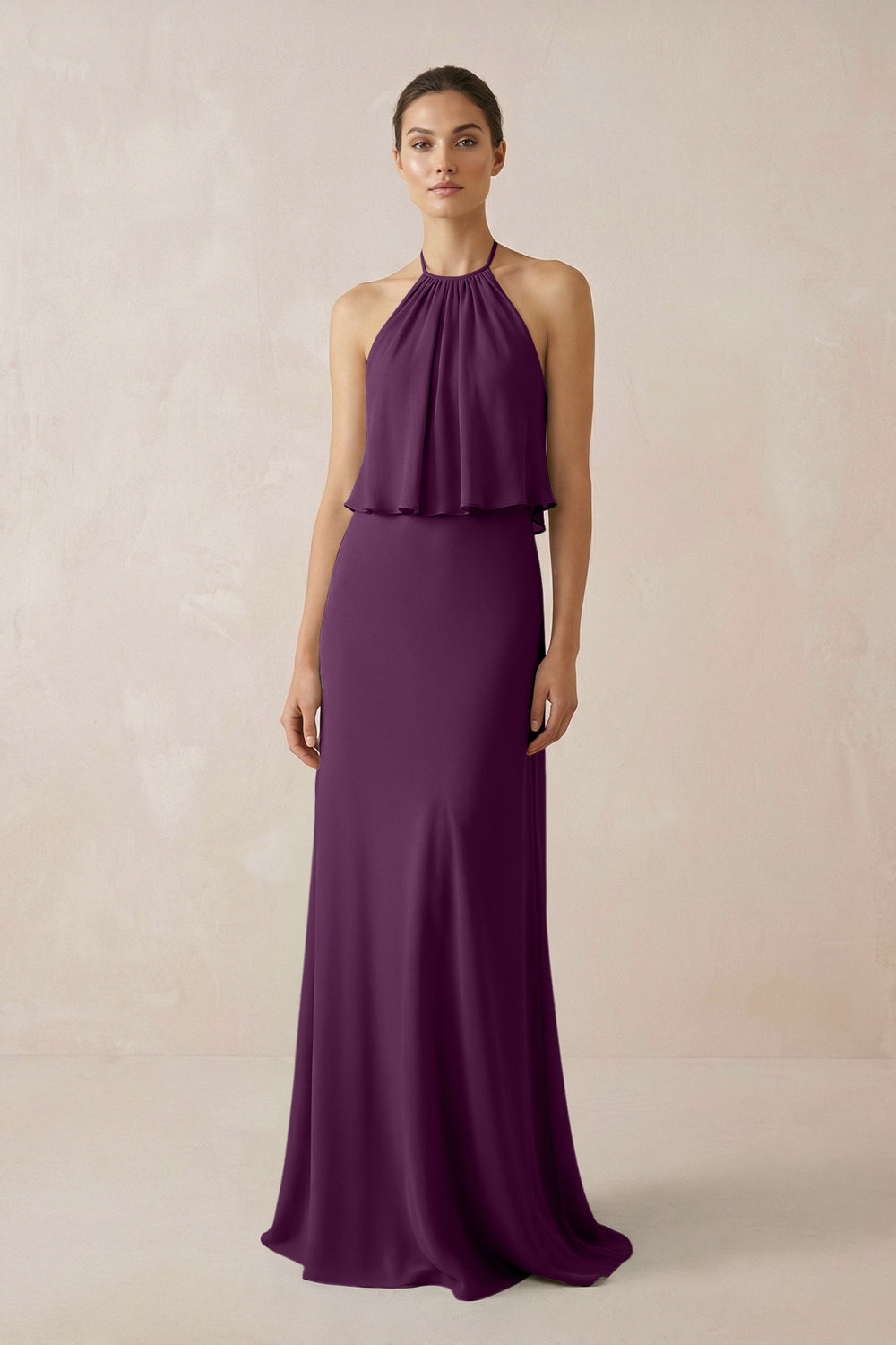 Halter Sheath Ruffled Chiffon Bridesmaid Dress in Fig