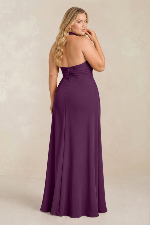 Fig High Neck Chiffon Sheath Ruched Bridesmaid Dress (2) [sizeplus] | KISSBRIDAL