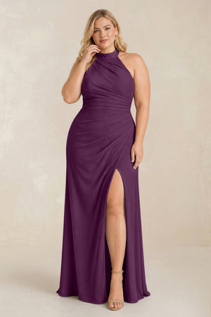 Fig High Neck Chiffon Sheath Ruched Bridesmaid Dress [sizeplus] | KISSBRIDAL