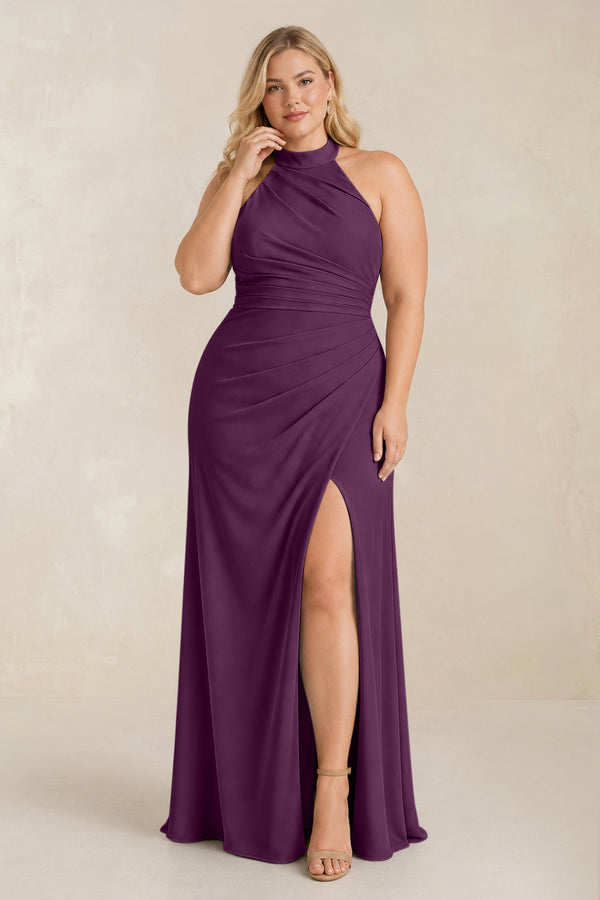 Fig High Neck Chiffon Sheath Ruched Bridesmaid Dress [sizeplus] | KISSBRIDAL