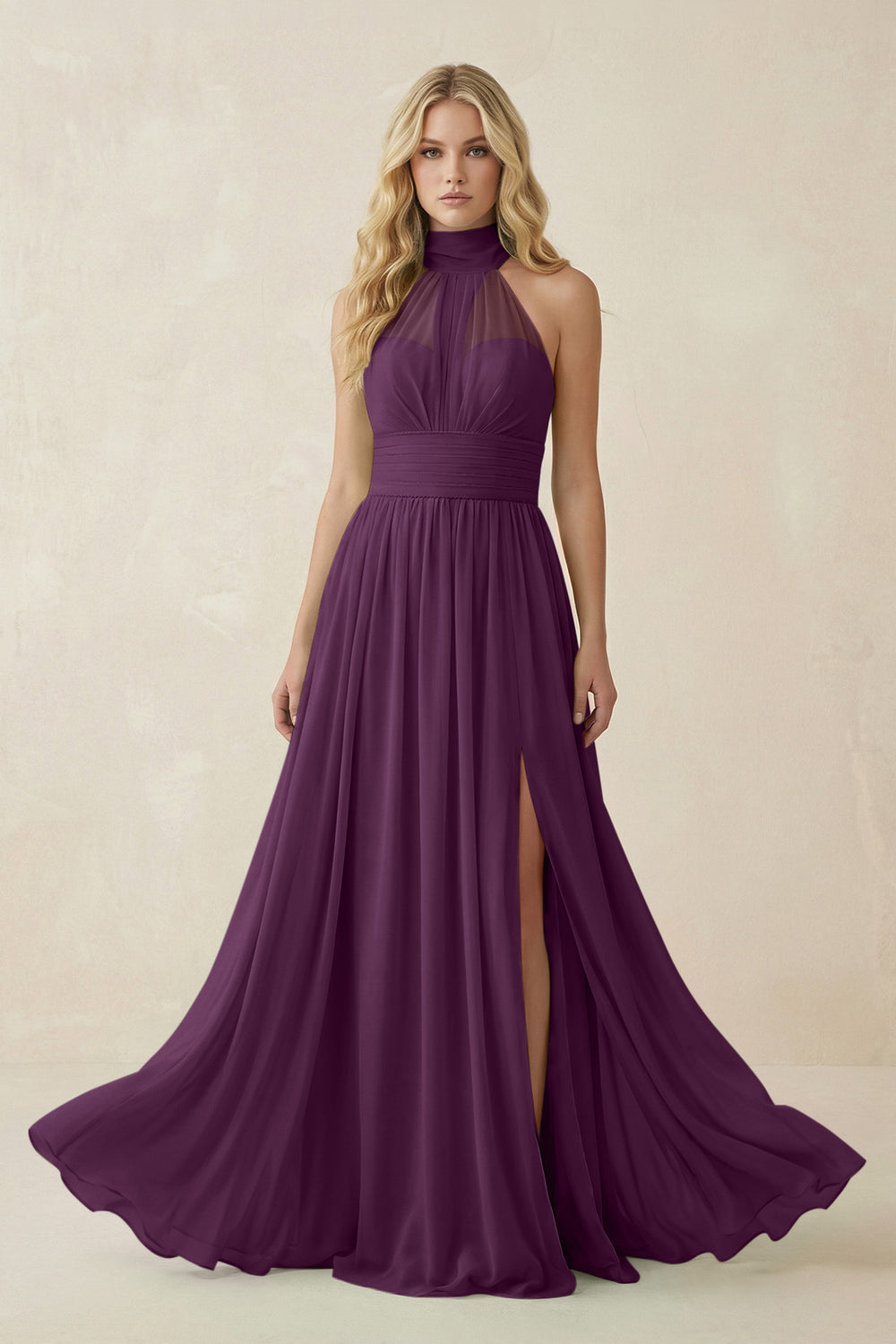 Illusion Halter A-Line Chiffon Bridesmaid Gown in Fig