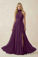 Fig Illusion Halter A-Line Chiffon Bridesmaid Gown | KISSBRIDAL