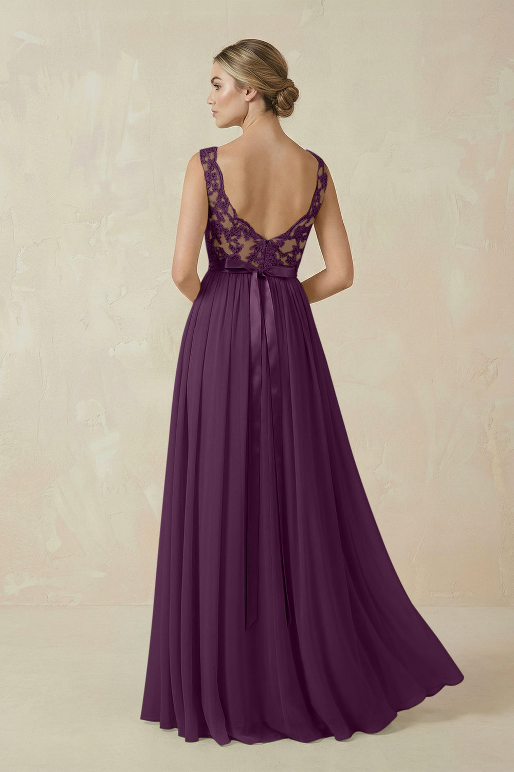 Lace A-Line Bateau Neck Chiffon Long Bridesmaid Dress in Fig