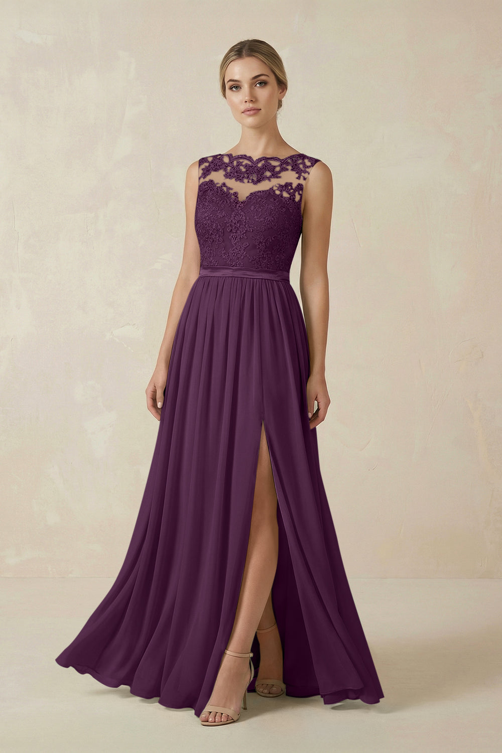 Lace A-Line Bateau Neck Chiffon Long Bridesmaid Dress in Fig
