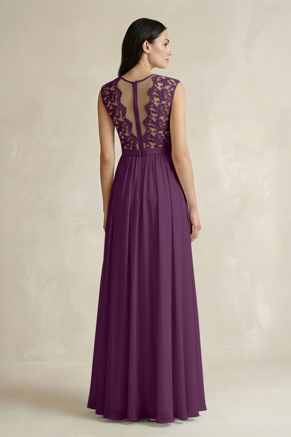 Lace Chiffon A-Line Round Neck Bridesmaid Dress in Fig