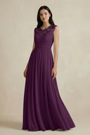 Fig Lace Chiffon A-Line Round Neck Bridesmaid Dress | KISSBRIDAL