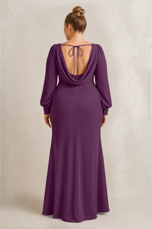 Fig Long Sleeve V-Neck Sheath Chiffon Bridesmaid Dress (2) [sizeplus] | KISSBRIDAL