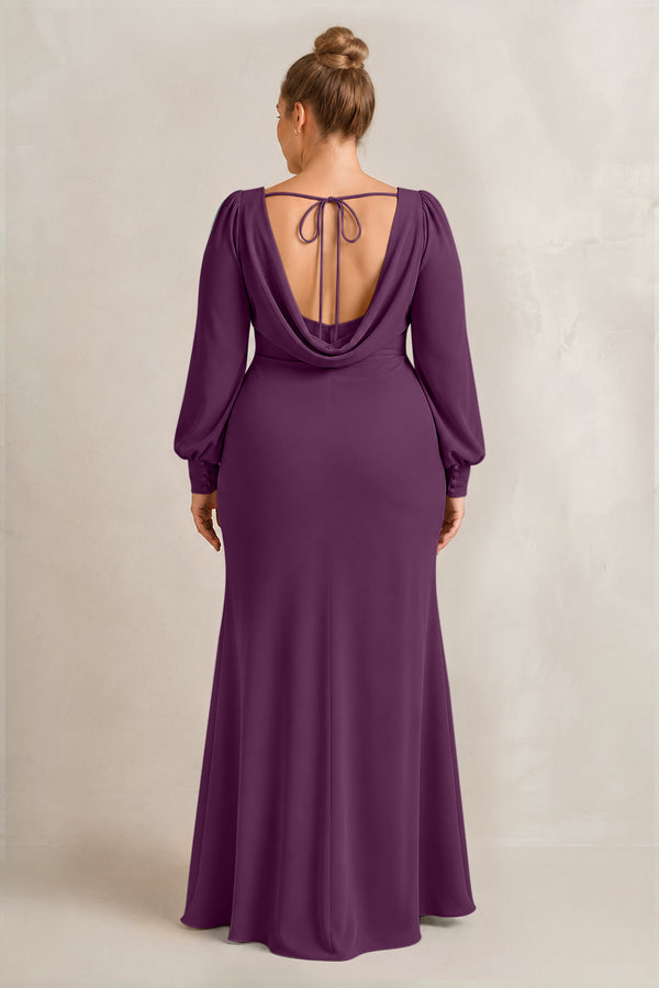 Fig Long Sleeve V-Neck Sheath Chiffon Bridesmaid Dress (2) [sizeplus] | KISSBRIDAL