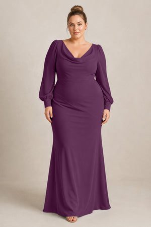 Fig Long Sleeve V-Neck Sheath Chiffon Bridesmaid Dress [sizeplus] | KISSBRIDAL