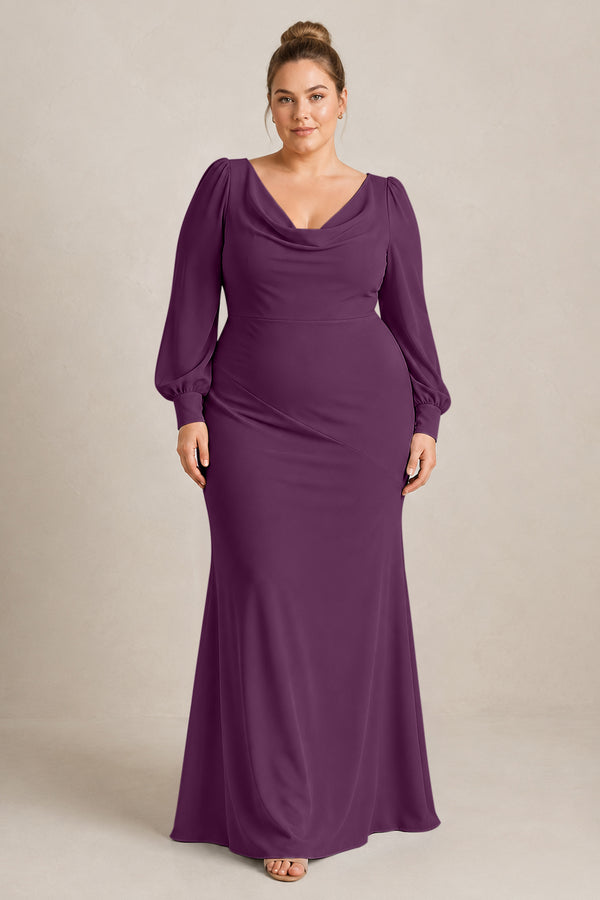 Fig Long Sleeve V-Neck Sheath Chiffon Bridesmaid Dress [sizeplus] | KISSBRIDAL