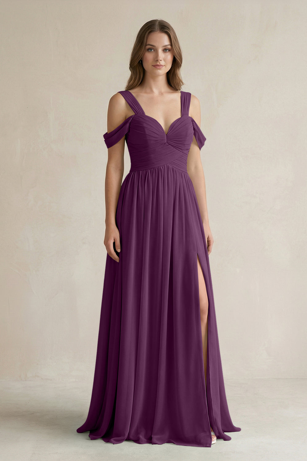 Off-the-Shoulder A-Line Chiffon Bridesmaid Dress With Slit in Fig