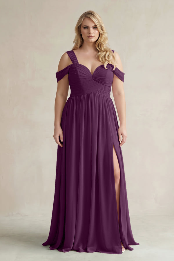 Fig Off-the-Shoulder A-Line Chiffon Bridesmaid Dress With Slit  [sizeplus]| KISSBRIDAL