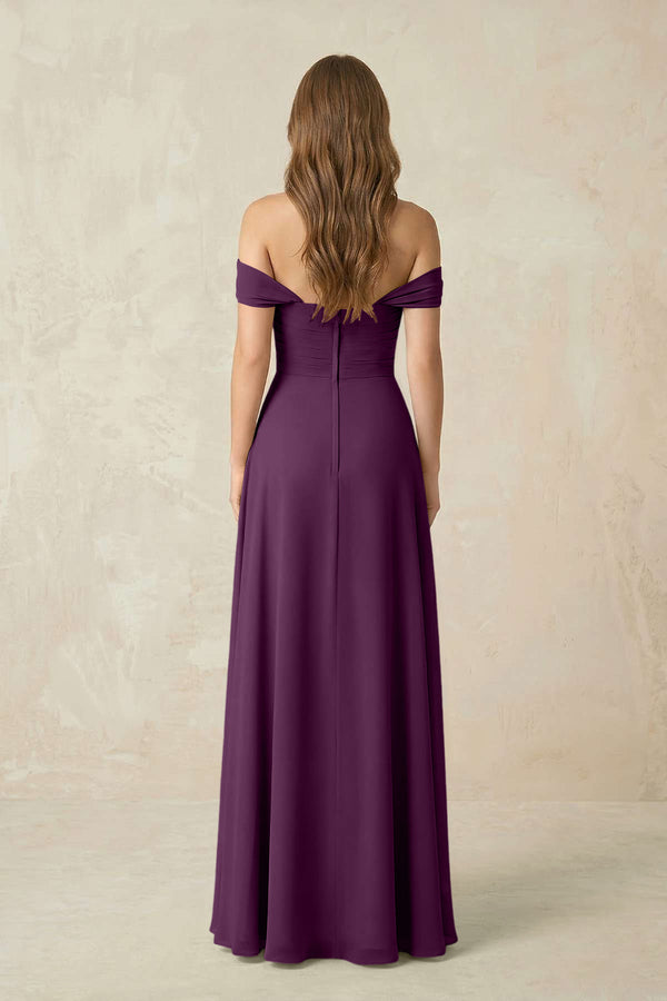 Fig Off-the-Shoulder A-Line Chiffon Pleated Bridesmaid Dress (2) | KISSBRIDAL