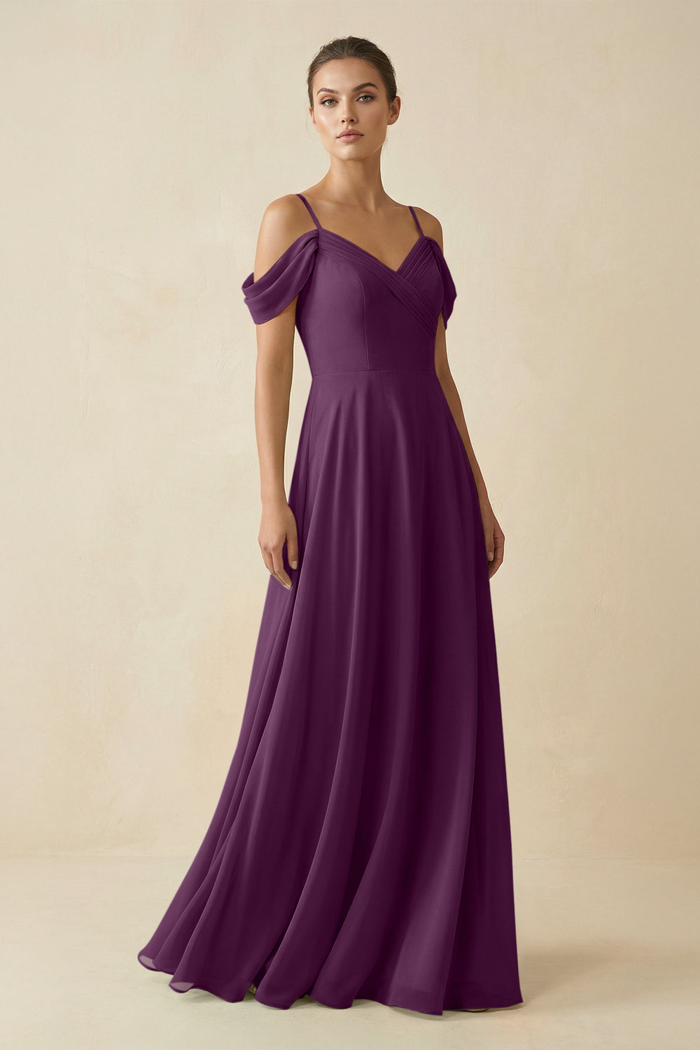 Off-the-Shoulder A-Line Pleated Chiffon Bridesmaid Gown in Fig