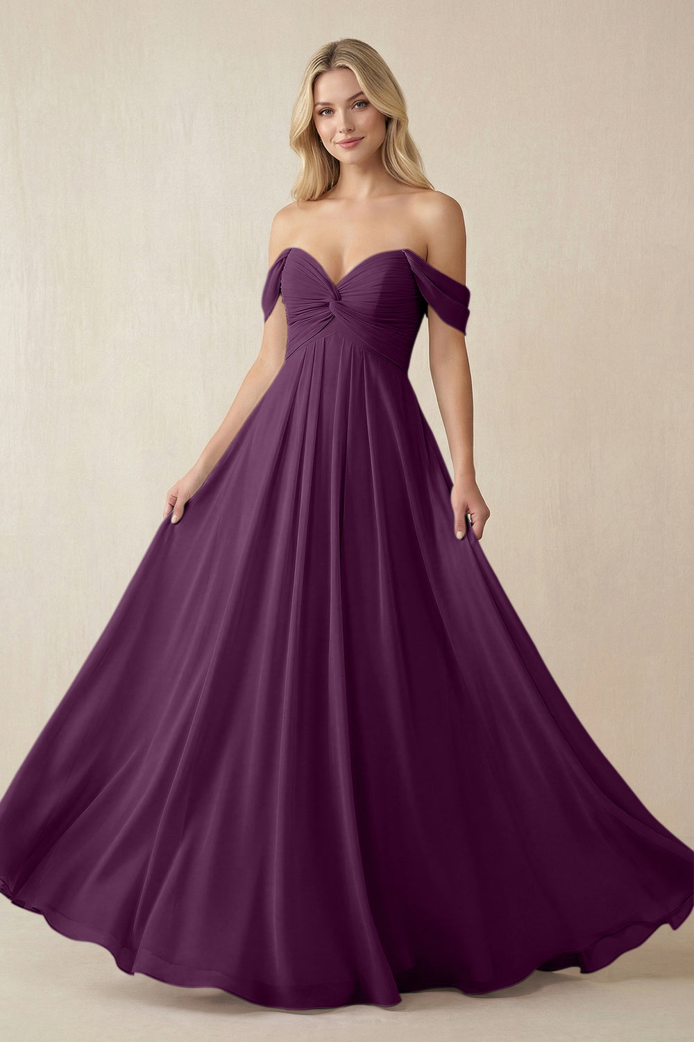 Off-the-Shoulder Chiffon A-Line Long Bridesmaid Dress in Fig