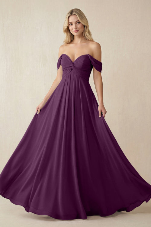 Fig Off-the-Shoulder Chiffon A-Line Long Bridesmaid Dress | KISSBRIDAL