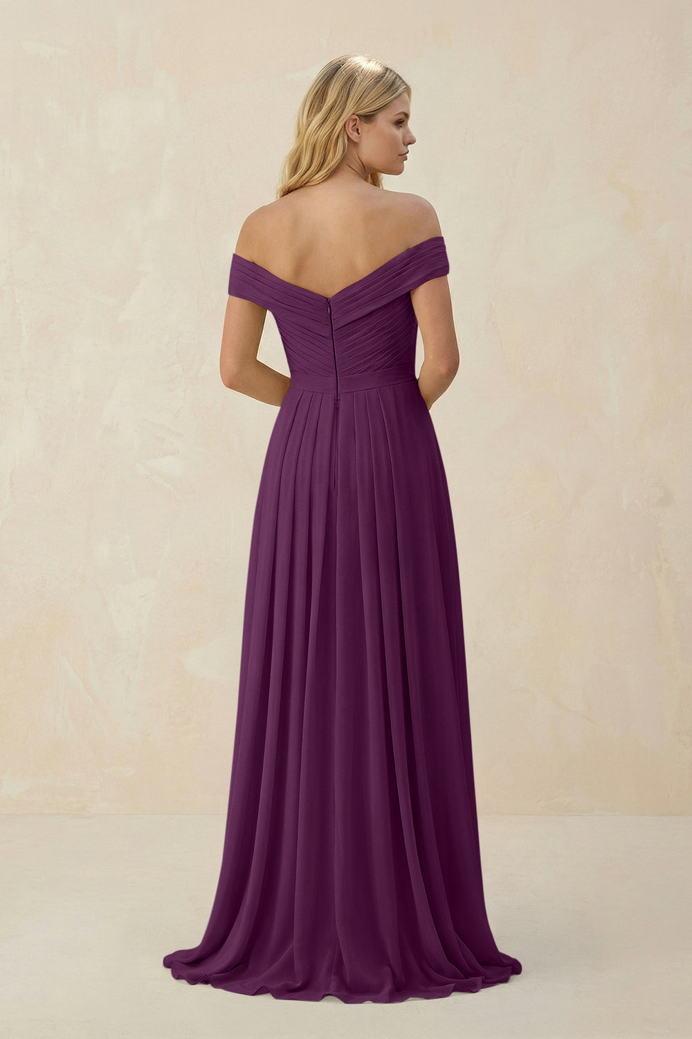 Off-the-Shoulder Pleated A-Line Chiffon Bridesmaid Dress in Fig