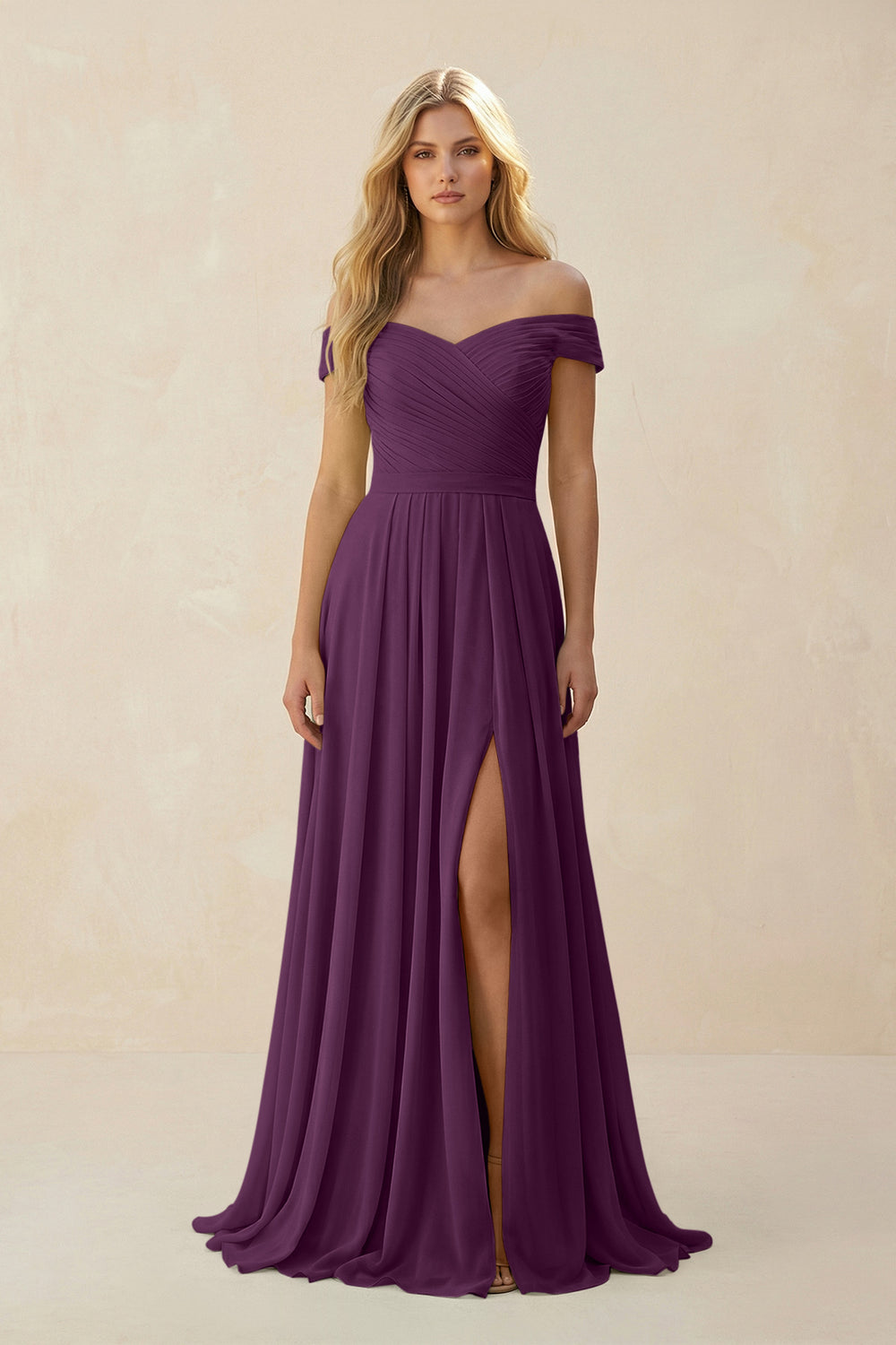 Off-the-Shoulder Pleated A-Line Chiffon Bridesmaid Dress in Fig