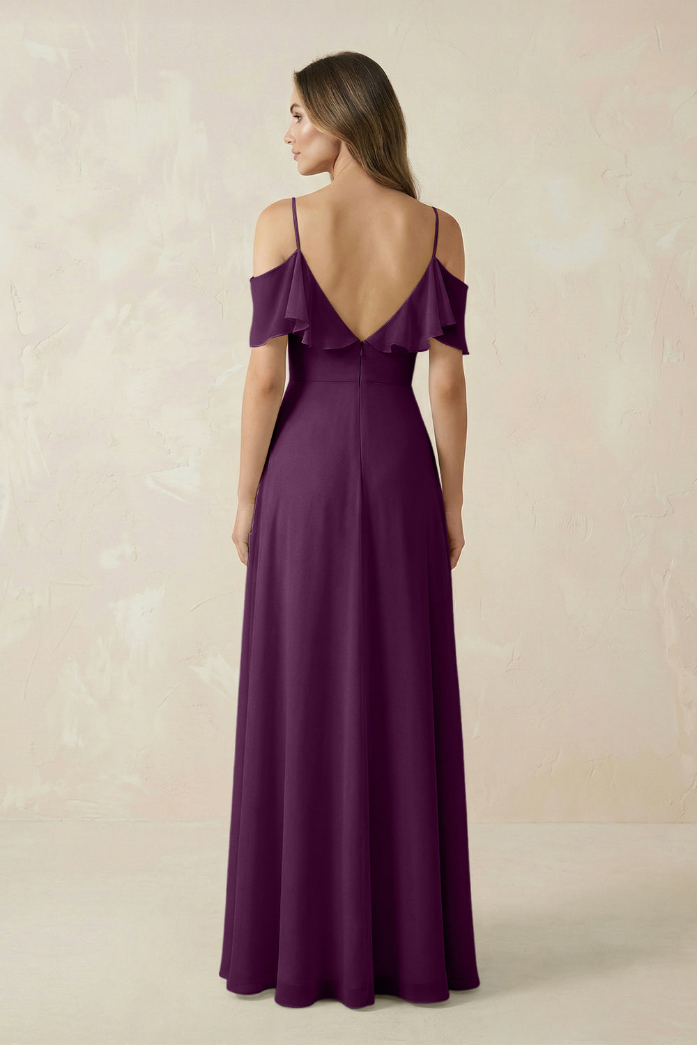 Off-the-Shoulder Ruffled A-Line Chiffon Bridesmaid Dress in Fig