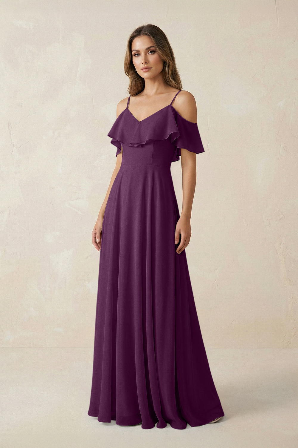 Off-the-Shoulder Ruffled A-Line Chiffon Bridesmaid Dress in Fig