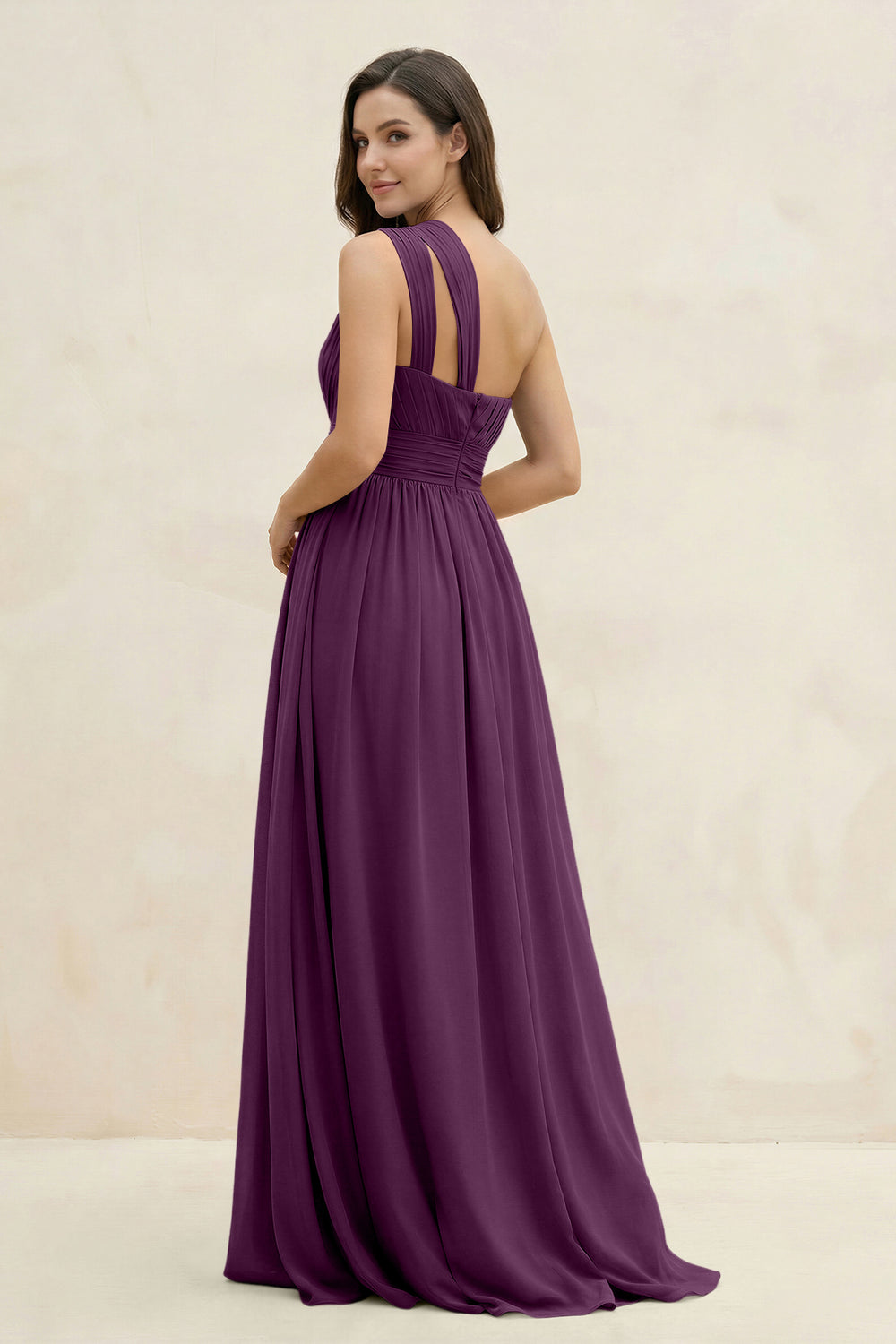 One-Shoulder Pleated A-Line Chiffon Bridesmaid Dress in Fig