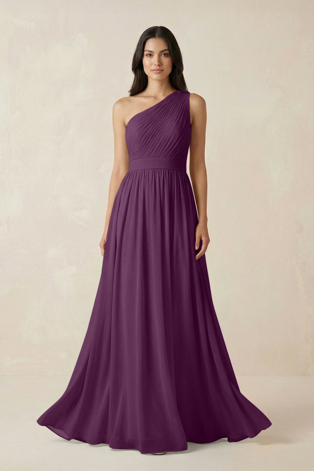 One-Shoulder Pleated Chiffon Bridesmaid Gown in Fig