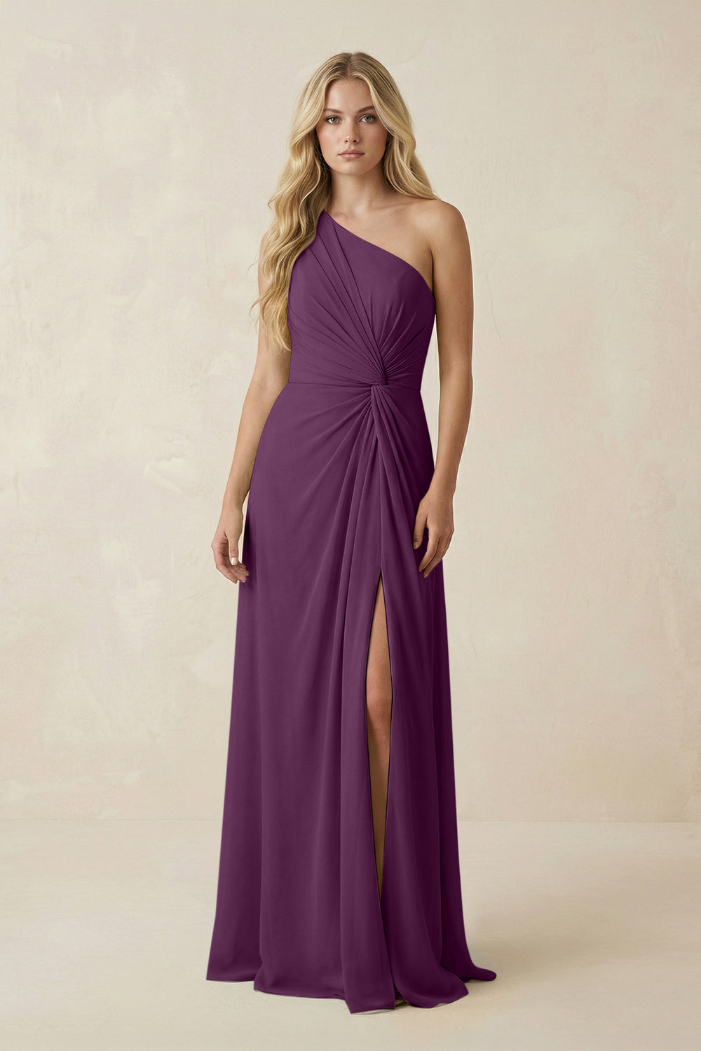 One-Shoulder Ruched A-Line Chiffon Bridesmaid Dress in Fig