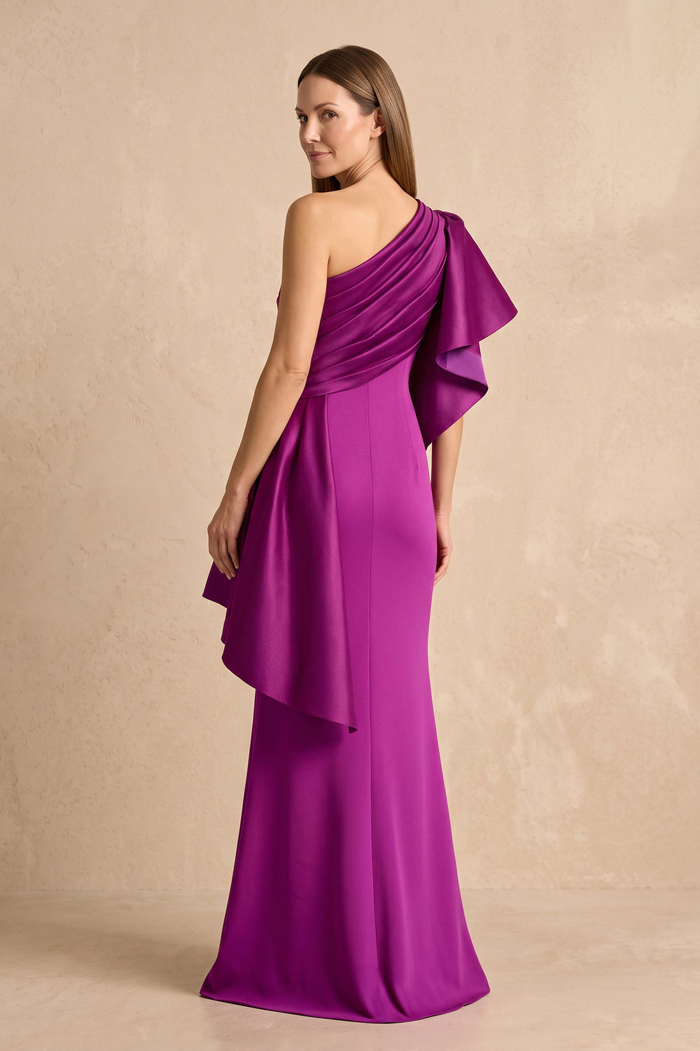 Fig One-Shoulder Ruched Linen Sheath Mother of the Bride Dress With Ribbon