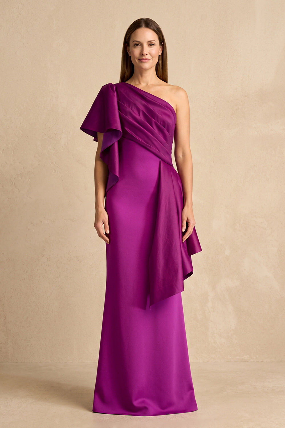 Fig One-Shoulder Ruched Linen Sheath Mother of the Bride Dress With Ribbon